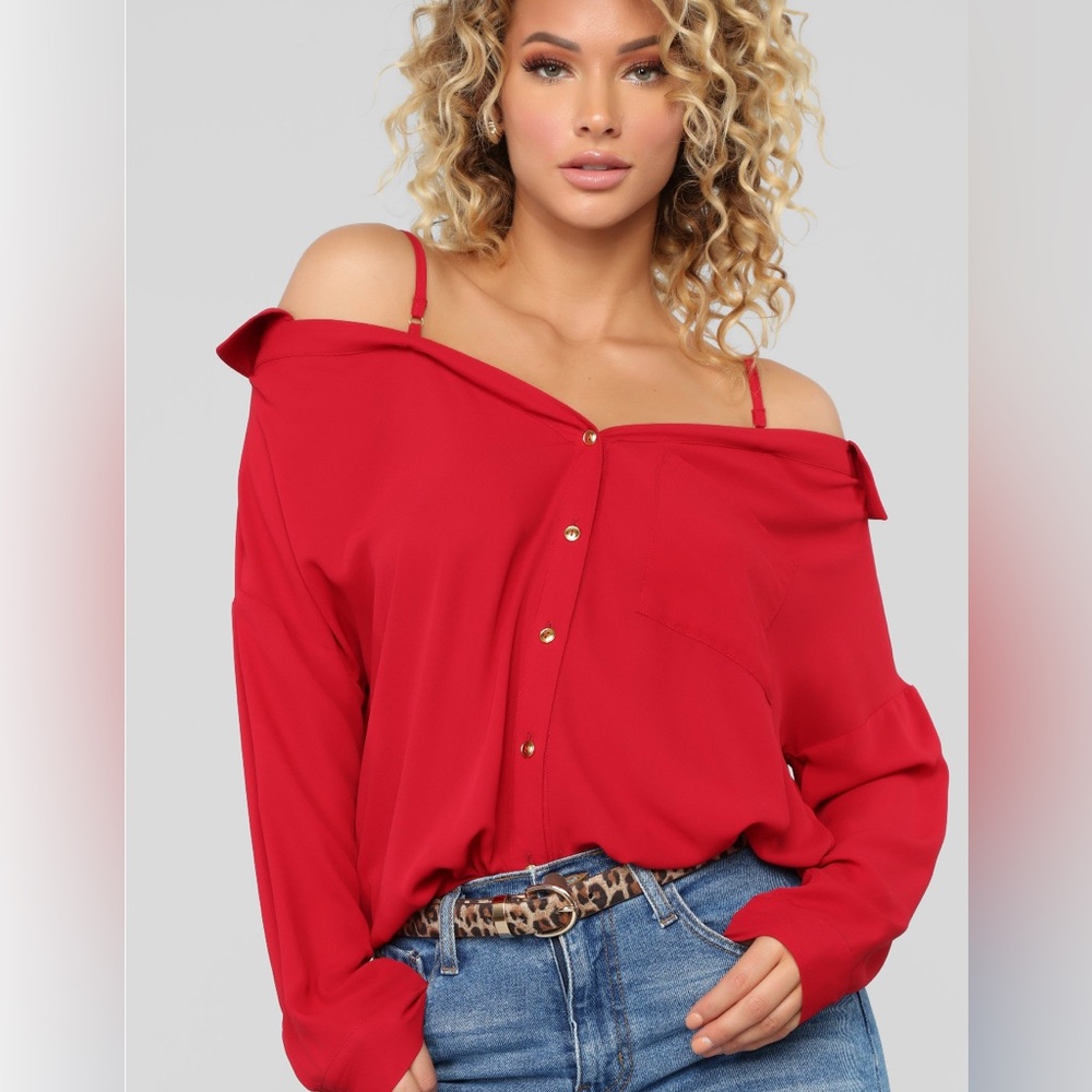 Fashion Nova Red Off-Shoulder Long Sleeve Button Down